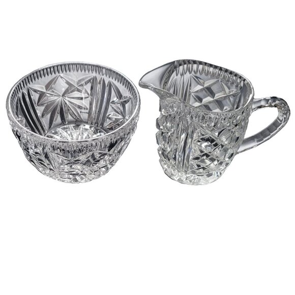 vtg cut glass cream pitcher & sugar bowl set Criss-cross Vertical Pattern Nice ! - Picture 1 of 8